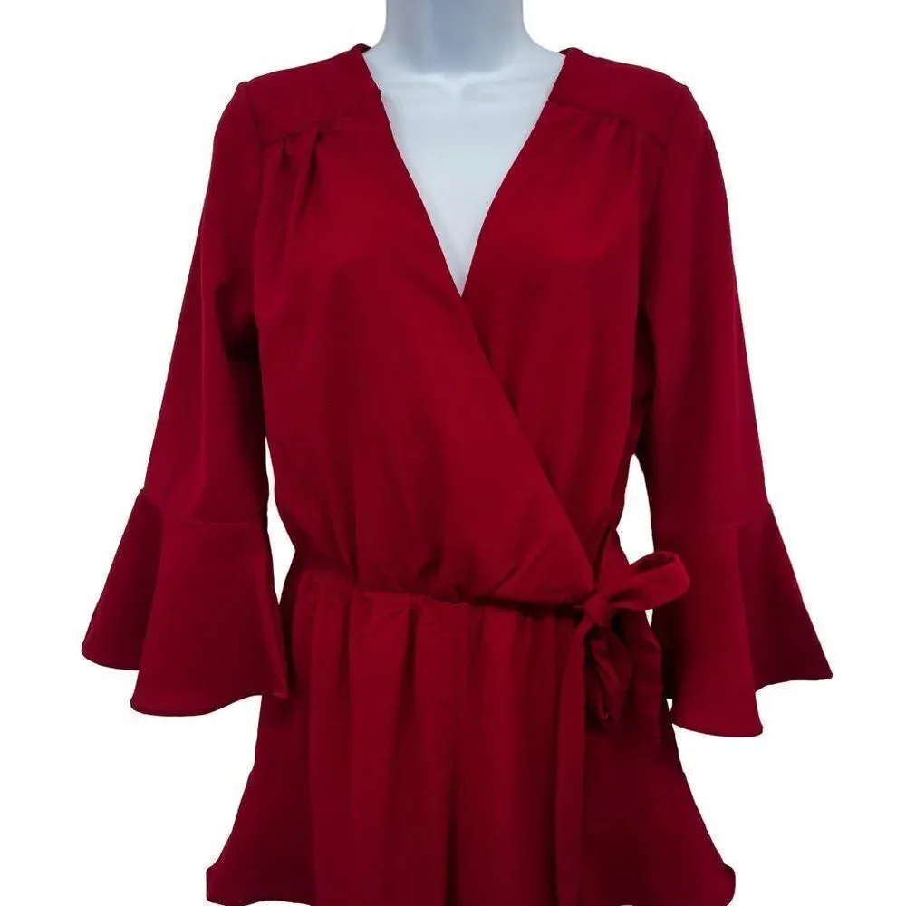 She & Sky Wrap V-Neck Side Tie Red Ruffle Romper Small - Picture 4 of 9